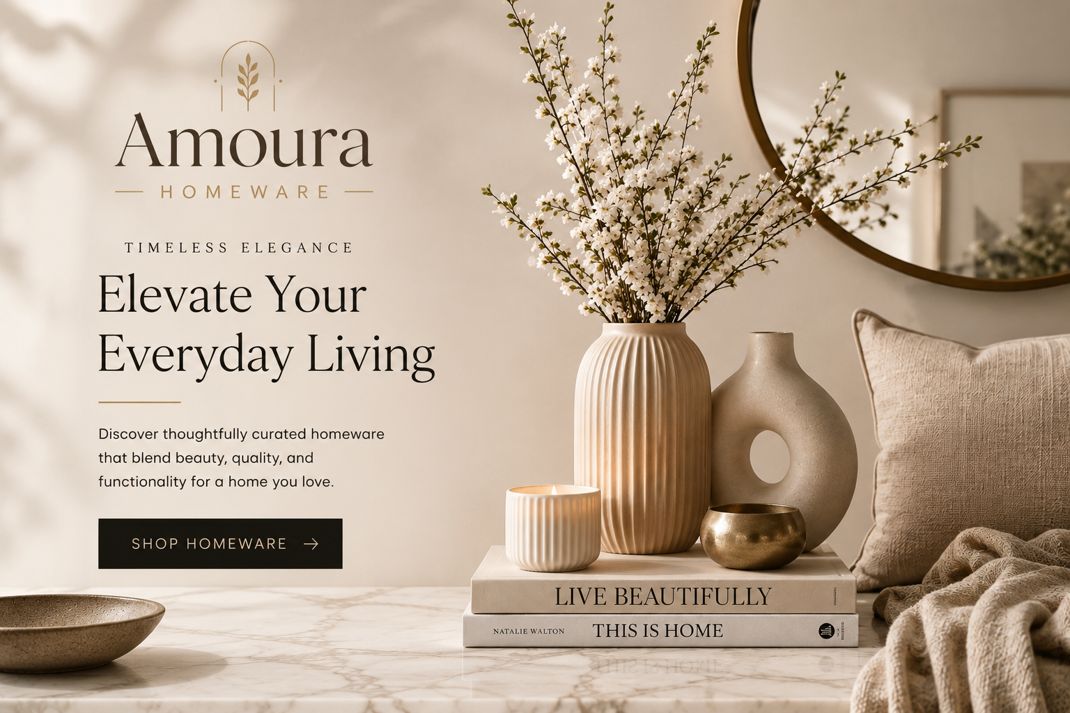 Ceramic vases, candles and home decor on a marble surface